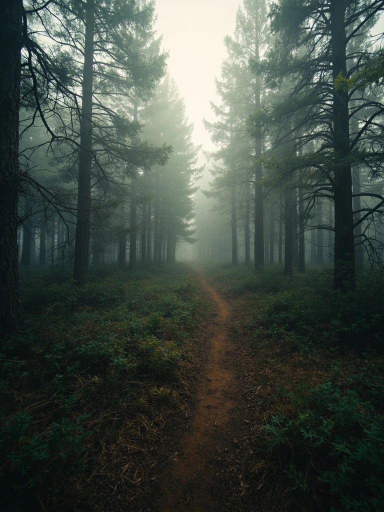 An aerial-style view of a faint trail threading through a quiet pine and lichen forest at dawn.